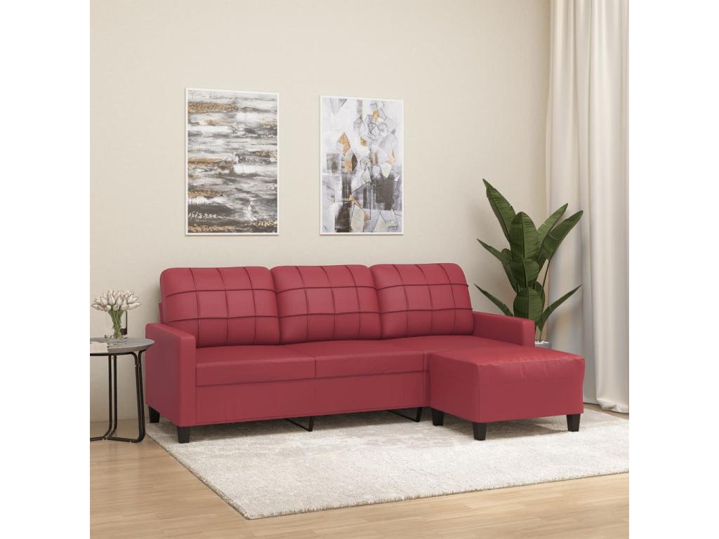Sofá de 3 plazas con taburete cuero sintético rojo tinto 180 cm