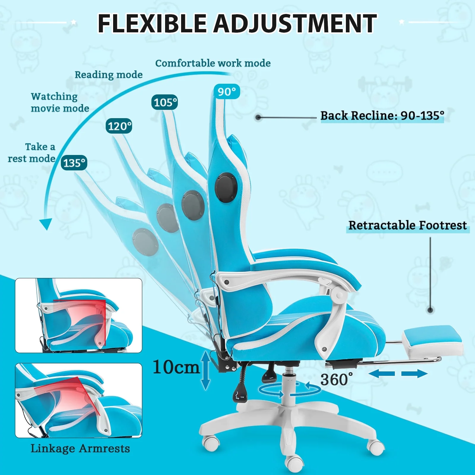Hoffree Gaming Chair with Speakers PU Leather Office Chair with Footrest and LED Lights Ergonomic Gamer Chair with Massage Lumbar Support and Headrest Adjustable Swivel for Home Office 300lb - Image 29