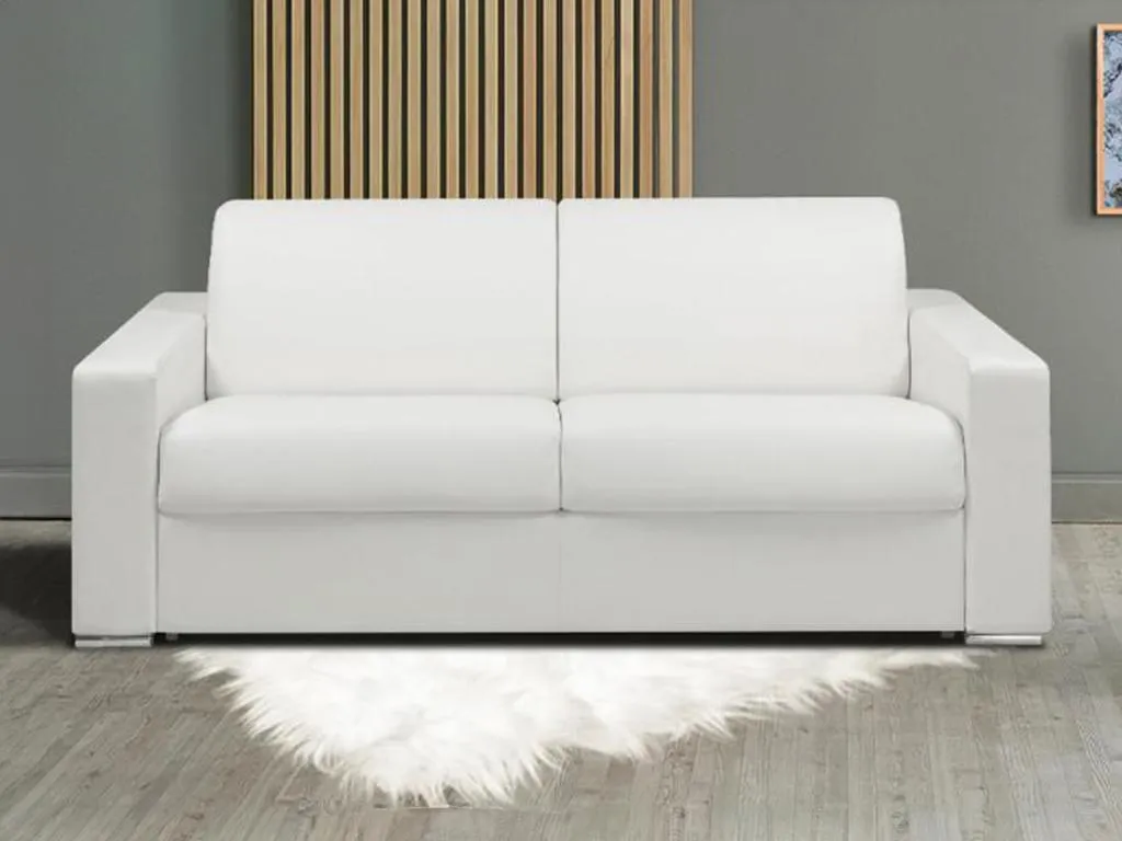 Sofá cama de 3 plazas tipo italiano de piel sintética Homepleno - Blanco - Cama de 140 cm - Colchón de 22 cm con memoria de forma 03570knvr