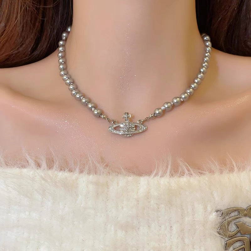 Vivienne Westwood Saturn Pendant Grey Pearl Necklace - Original Replica Club