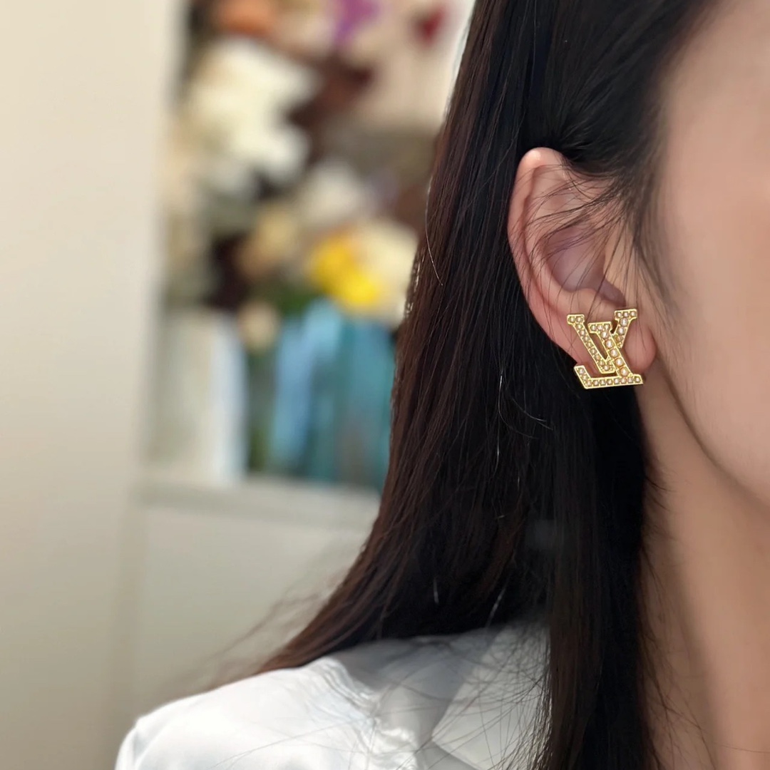 Louis Vuitton Pearl Paved LV Letter Stud Earrings - Original Replica Club