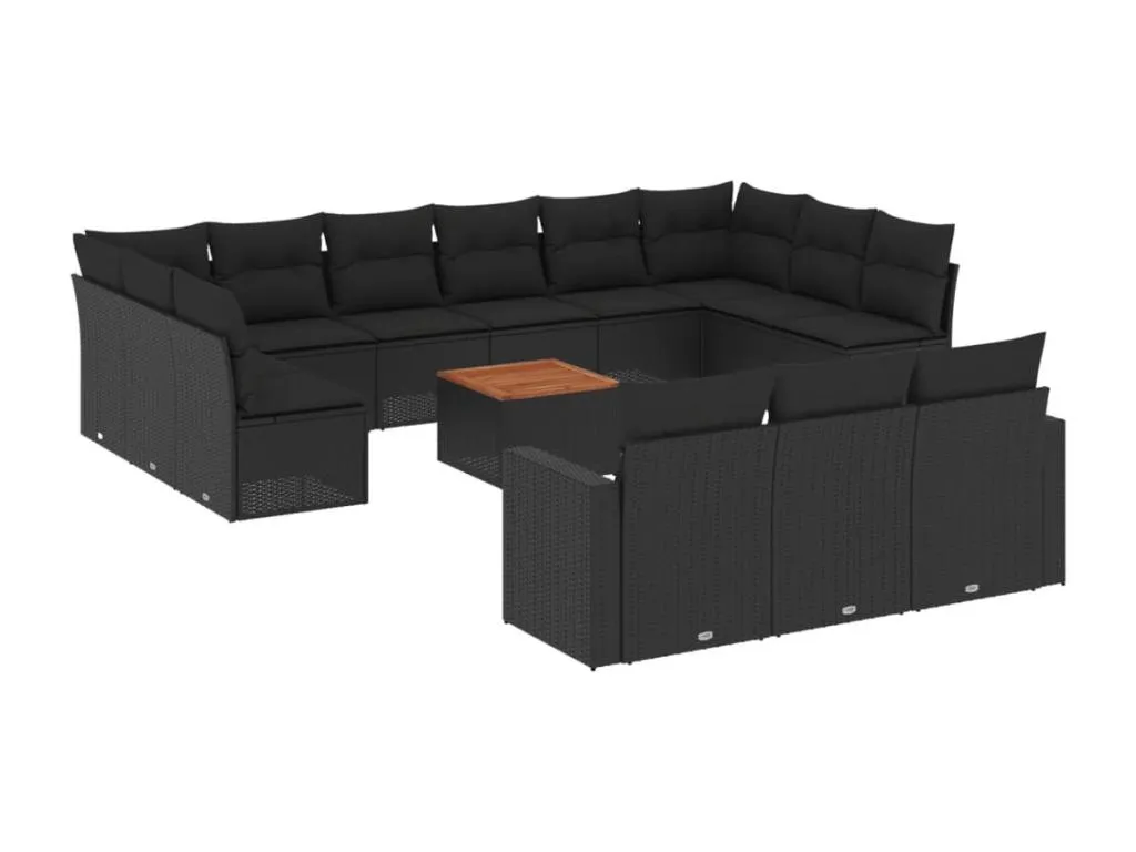 Set sofás de jardín 14 piezas con cojines ratán sintético negro
