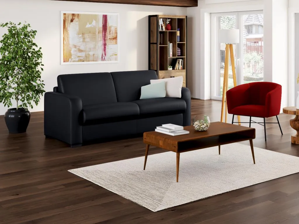 Sofá cama de 3 plazas tipo italiano de cuero negro Decoesp - Colchón de 18 cm 57396LTME