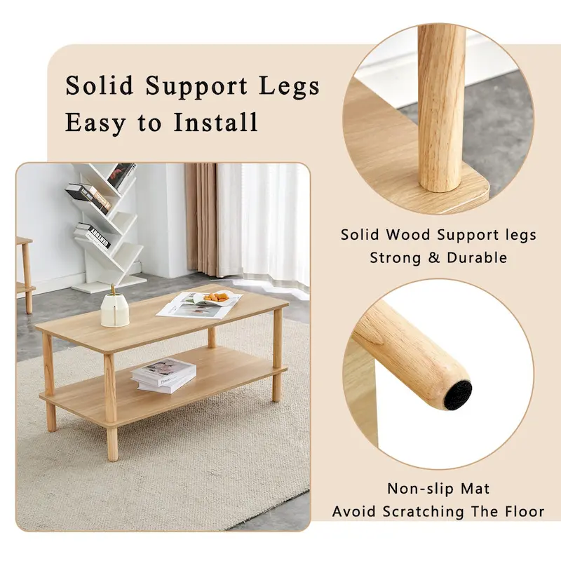39-Inch Coffee Table with Two-Tier Design and Rubberwood Legs
