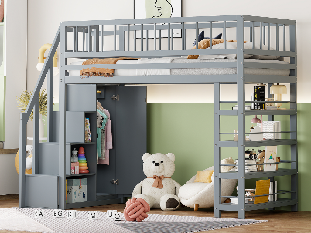 Cama alta 90 x 200 cm - estantes + armario + espacio de almacenamiento - madera maciza - gris