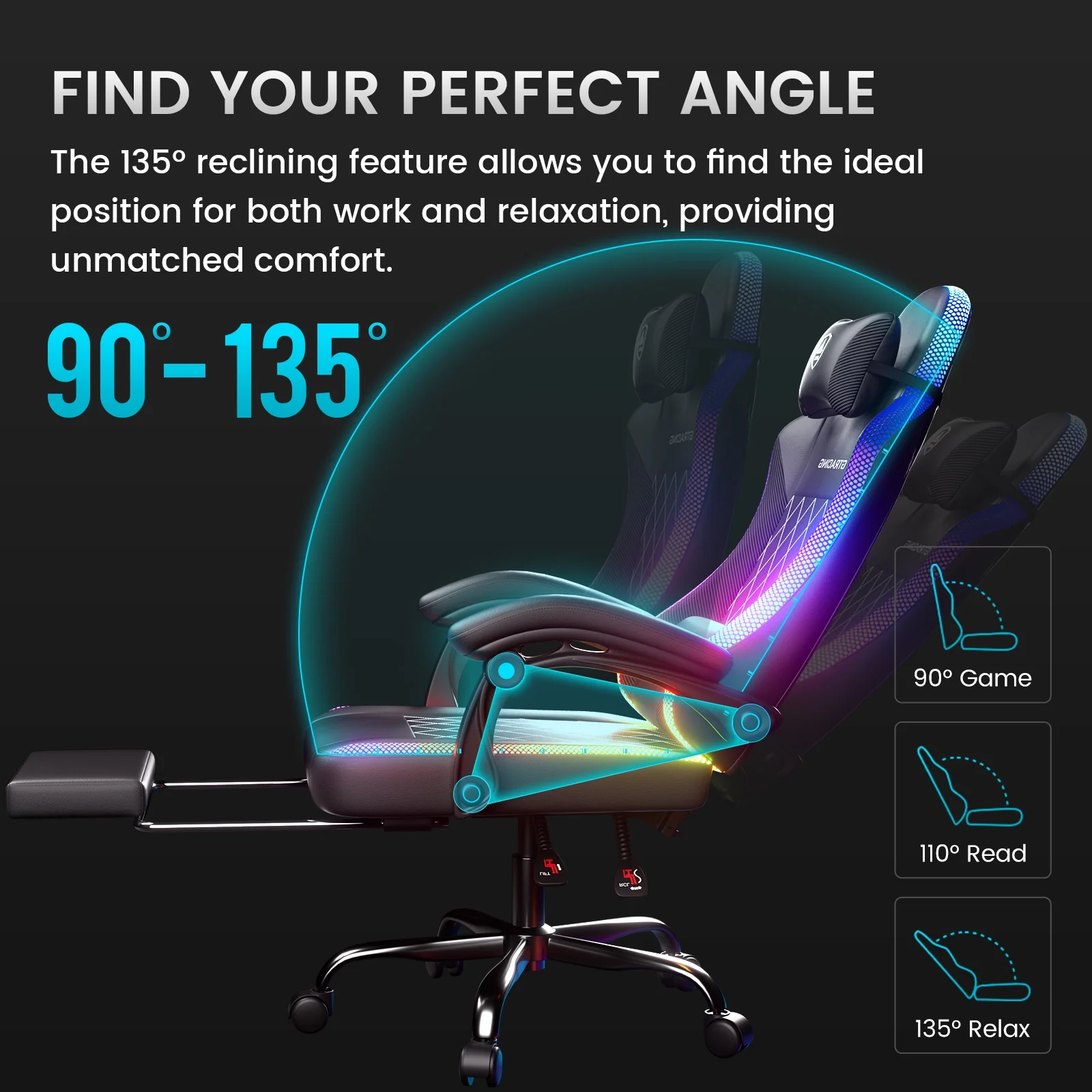 GTRACING RGB Ergonomic Gaming Chair with Massage, LED Lights, Footrest, Lumbar Support and Backrest, Black - Image 6