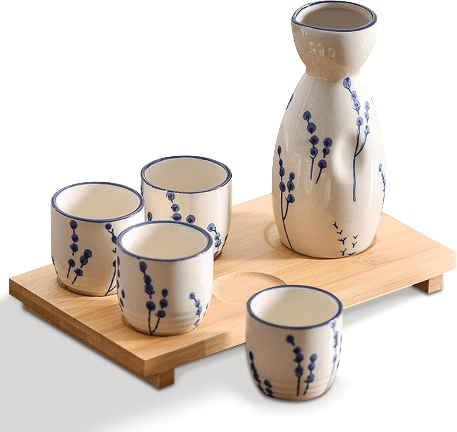 Ceramic Sake Set, 5pcs Japanese Saki Set with 1 Sake Carafe 4 Sake Cups, Saki Cup Set as Gift for Sake Japanese Wine/Hanzo Sake/Soju/Sake Drink/Saki Drink/Tea (Pompon)