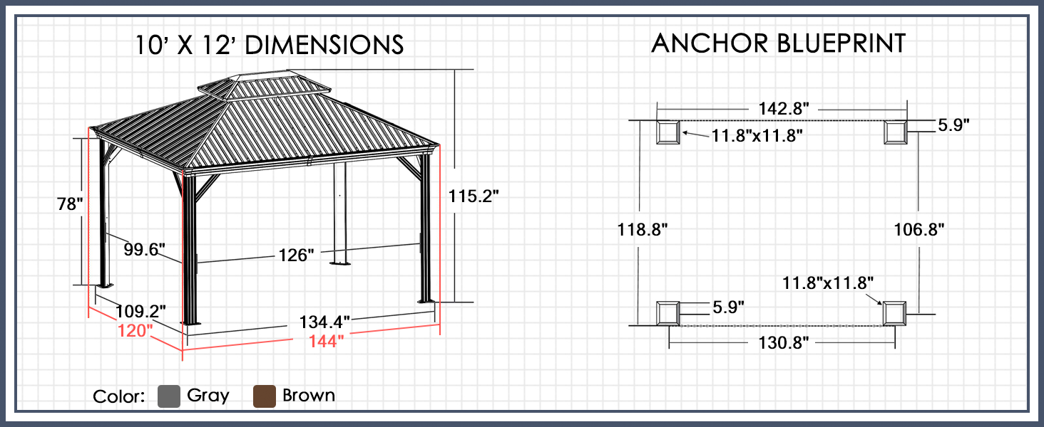10' X 12' Gazebo Dimensions and Anchoring Blueprint