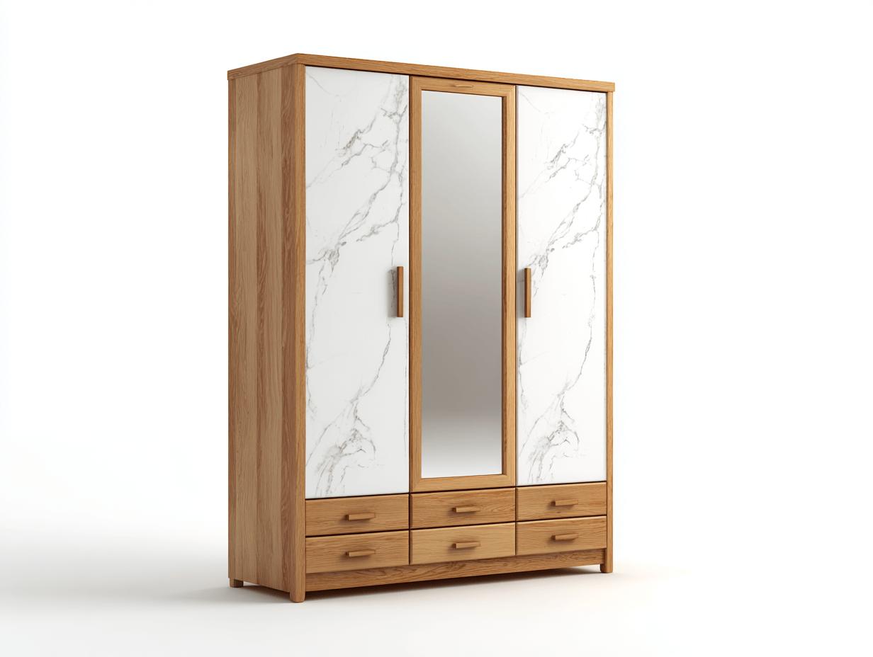 Armario de madera y melamina efecto mármol – blanco/roble claro – 2 puertas con espejo central fijo y 6 cajones