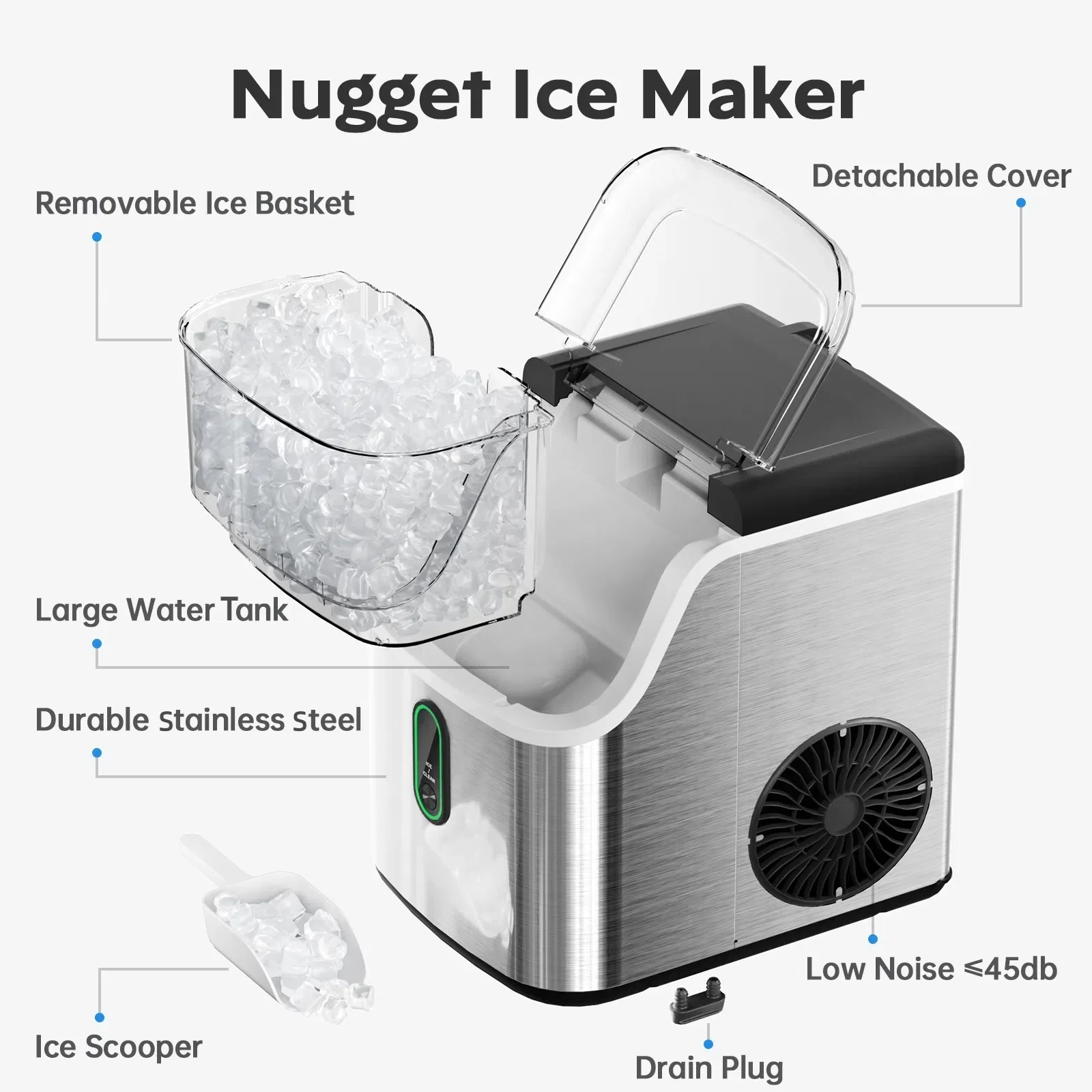 Philergo Nugget Ice Maker Countertop, Pebble Ice Maker Machine with Self-Cleaning, 35lbs/24hr, Soft Chewable Pellet Ice Maker for Home, Kitchen, Stainless Steel - Image 6