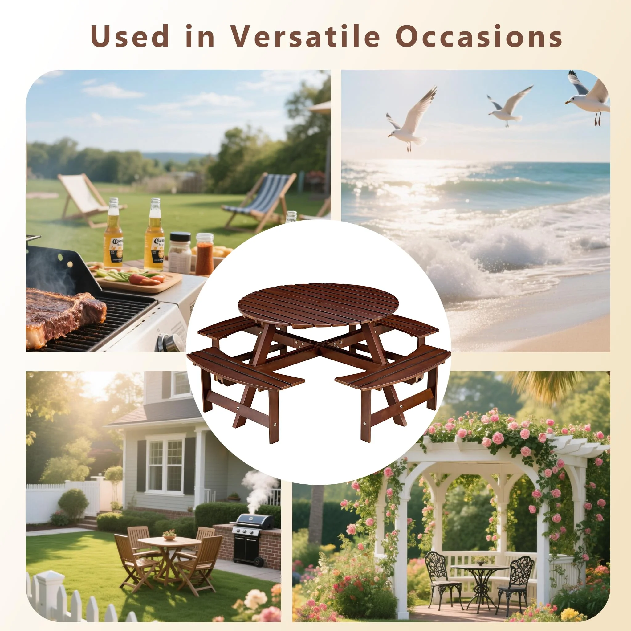 8 Person Wood Picnic Table, Outdoor Round Picnic Table with 4 Built-in Benches, Umbrella Hole, Outside Table and Bench Set for Patio, Backyard, 500lbs Capacity Per Bench - Image 12