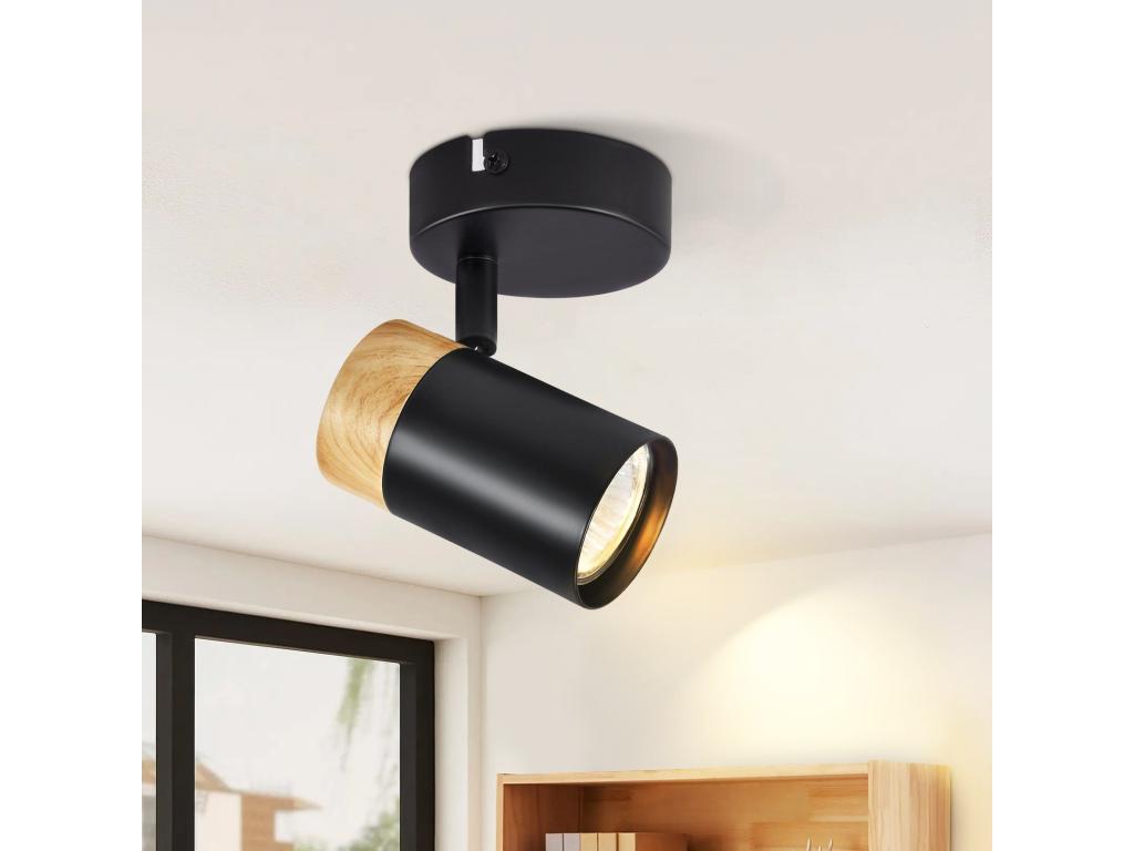Laocacasas Lámpara de techo de madera Laocacasas, 1 llama - spots de techo GU10 giratorios 330° Bombilla LED para pasillos, negro, lámpara de techo vintage para interior, para pasillos, salón, dormitorio, cocina, sin fuente de luz.