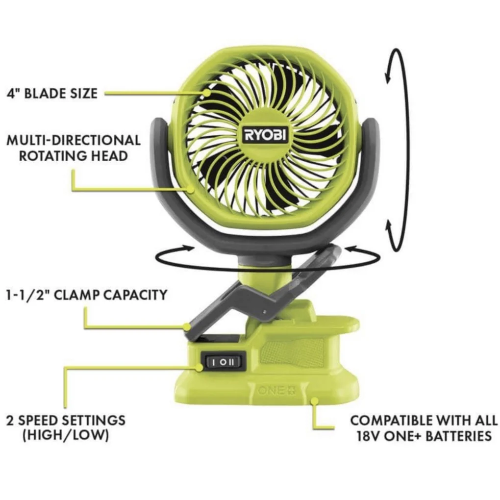 Ryobi 3-Tool Camping Kit Bundle with Compact Area Light, Bluetooth Speaker, 4 inch Clamp Fan, 18-Volt 1.5 Ah Lithium-ion Battery, Charger and 16 inch Buho Tool Bag - Image 2