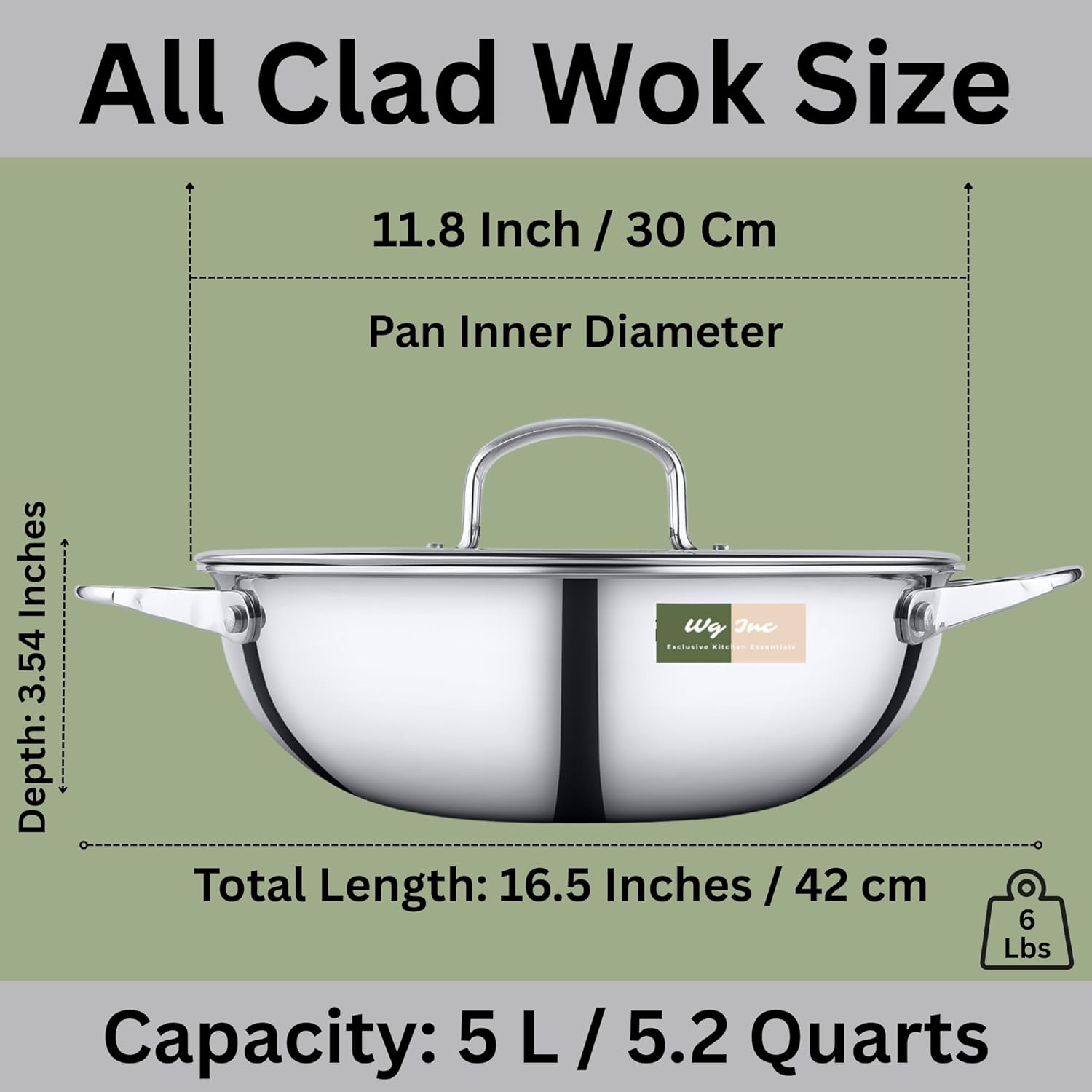 Stainless Steel Wok with Glass Lid, 5.2 QT - 12 Inch / 30 CM Tri-ply Kadhai, Large Wide & Deep Cookware Stir Fry Pans, Dishwasher & Oven Safe, Non Toxic Cooking Wok Pan, Induction Compatible
