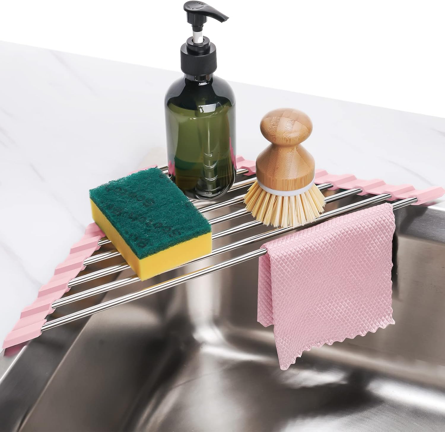 Tomorotec Marble Triangle Roll-Up Dish Drying Rack for Sink Corner - Small, Foldable, Stainless Steel, Multipurpose Kitchen Drainer Caddy, Trivet, Rustproof Organizer, Storage Shelf