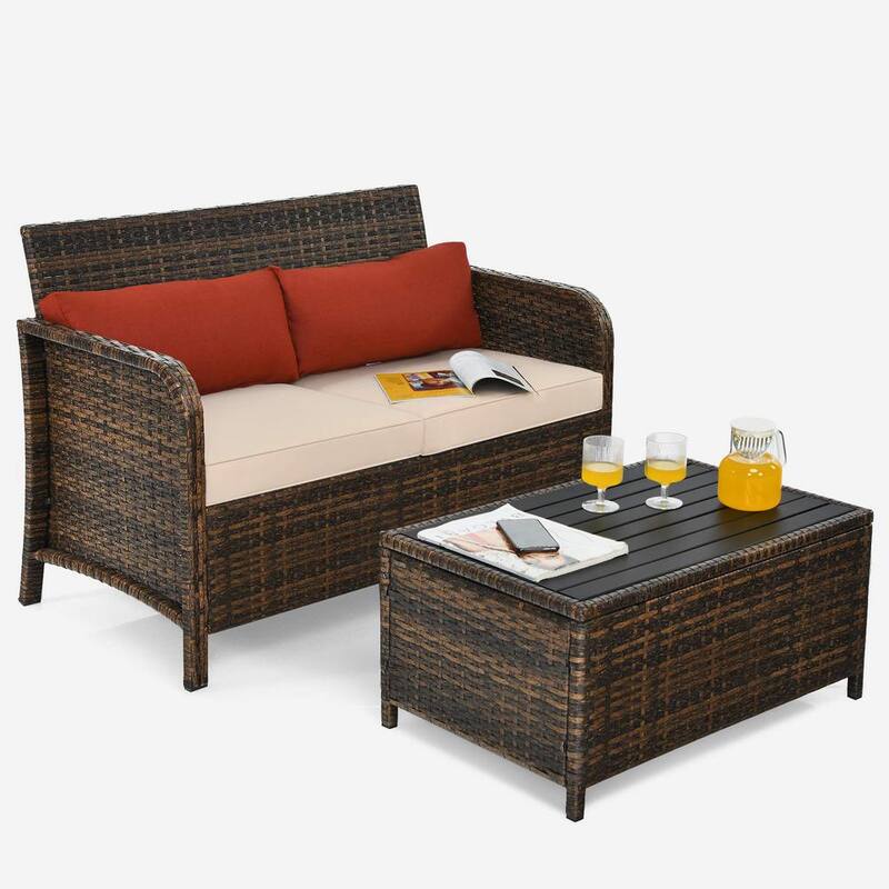 Set Seccional de Sofá de Ratán Marrón para Patio Exterior con Mesa de Café y Cojines Beige ed3755971