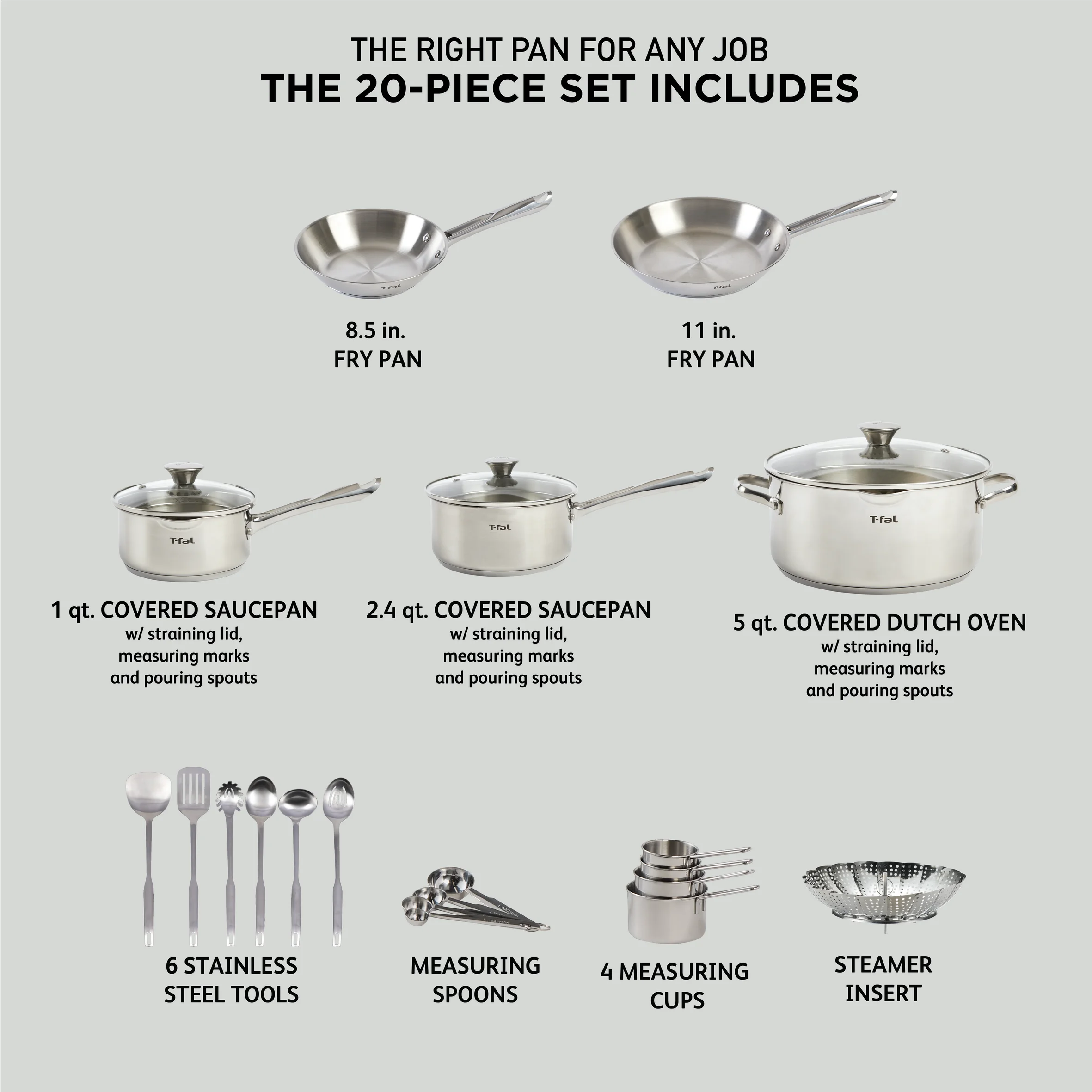 T-fal Cook & Strain Stainless Steel Cookware Set, 14 piece Set - Image 13