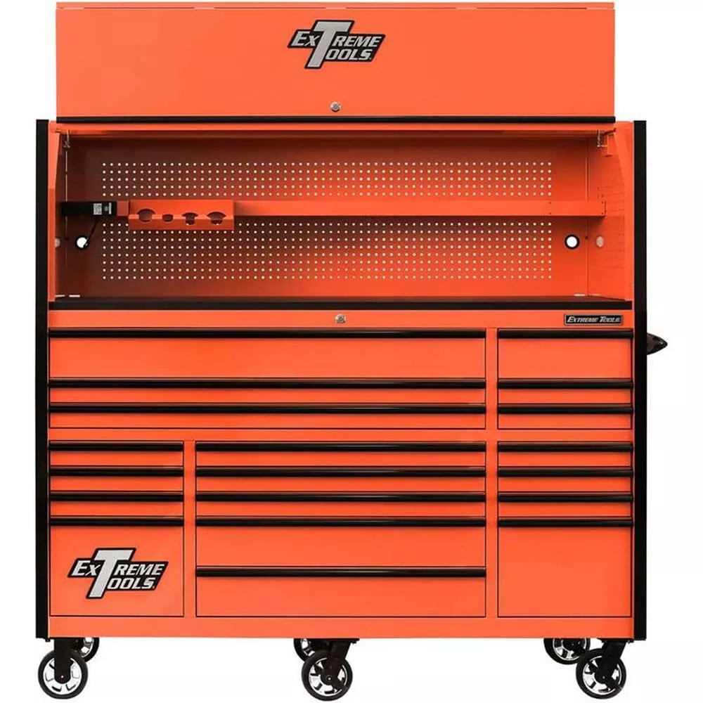 Extreme Tools 72" RX Series 19-Drawer 30" Deep Roller Cabinet w/Hutch - Orange w/Black Drawer Pulls