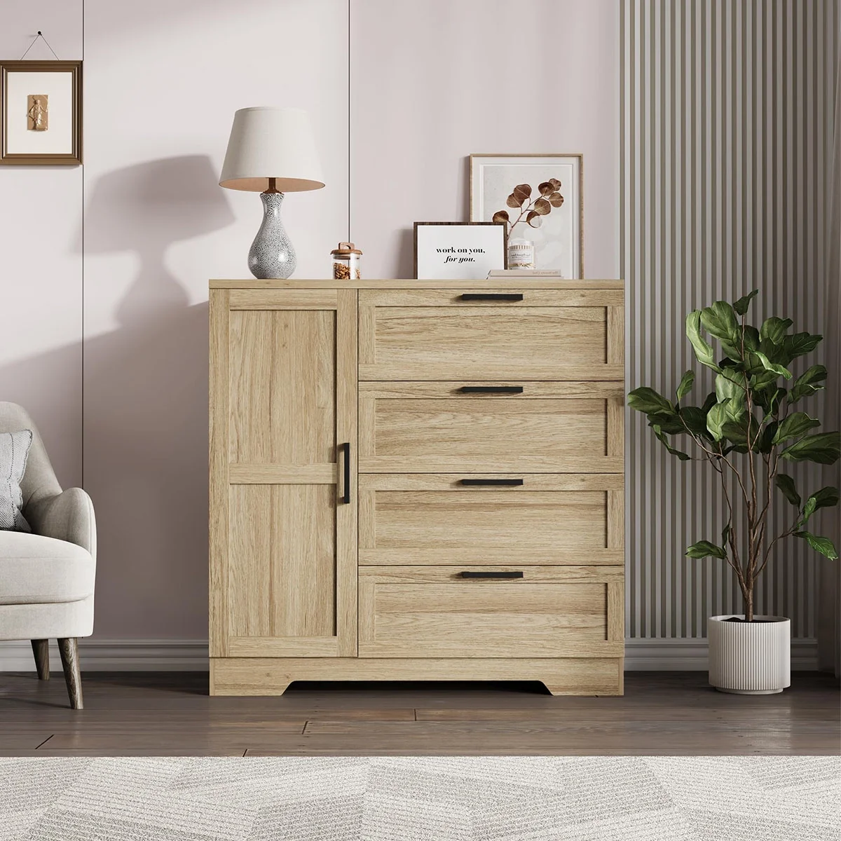 Ataucjin Wood Armoire Wardrobe Closet with 4 Drawers and Door, 43.3" H Bedroom Wardrobe Cabinet with Hanging Rod, Clothing Storage Cabinets, 4 Drawers Dresser with Storage Closet - Image 4