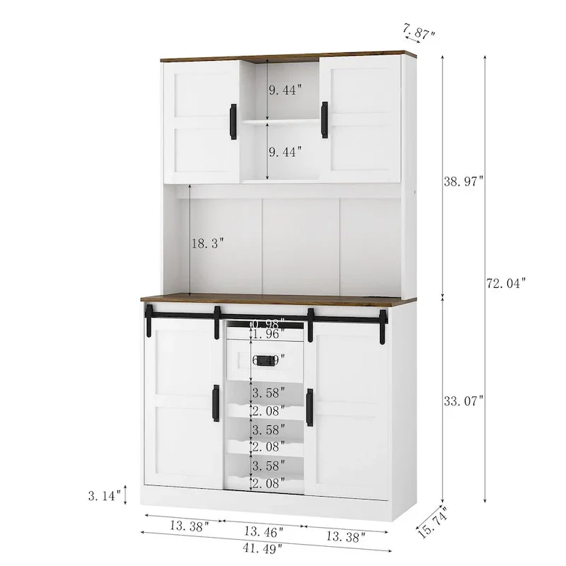 Rustic White Farmhouse Bar Cabinet with Sliding Barn Door - Spacious Kitchen Buffet and Coffee Bar Sideboard Table
