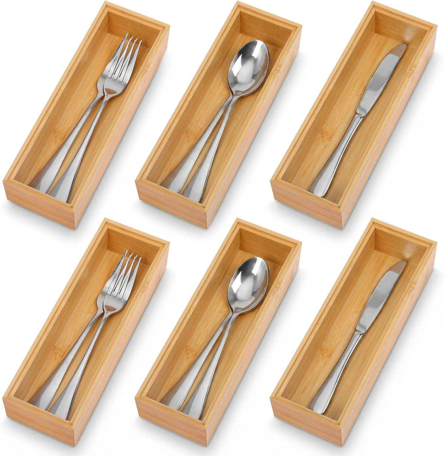 6 Pieces Bamboo Drawer Organizer, Stackable Wooden Storage Boxes for Kitchen Utensils, Silverware Tray, Junk Drawer, Dresser, Bathroom, 9 x 3 x 2 Inch