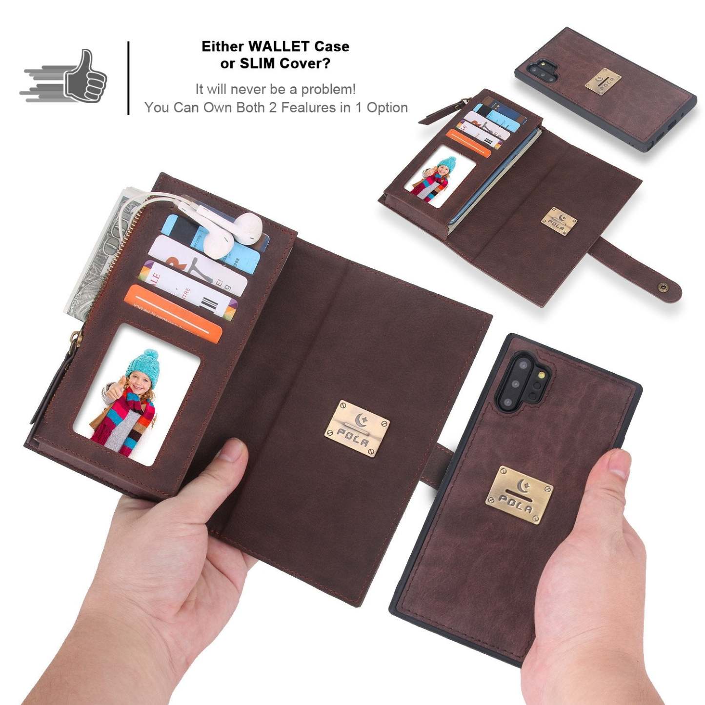 POLA Samsung Wallet Case , Leather Zipper Purse Detachable Magnetic 10 Card Slots Money Pocket Clutch Protection Back Cases Cover