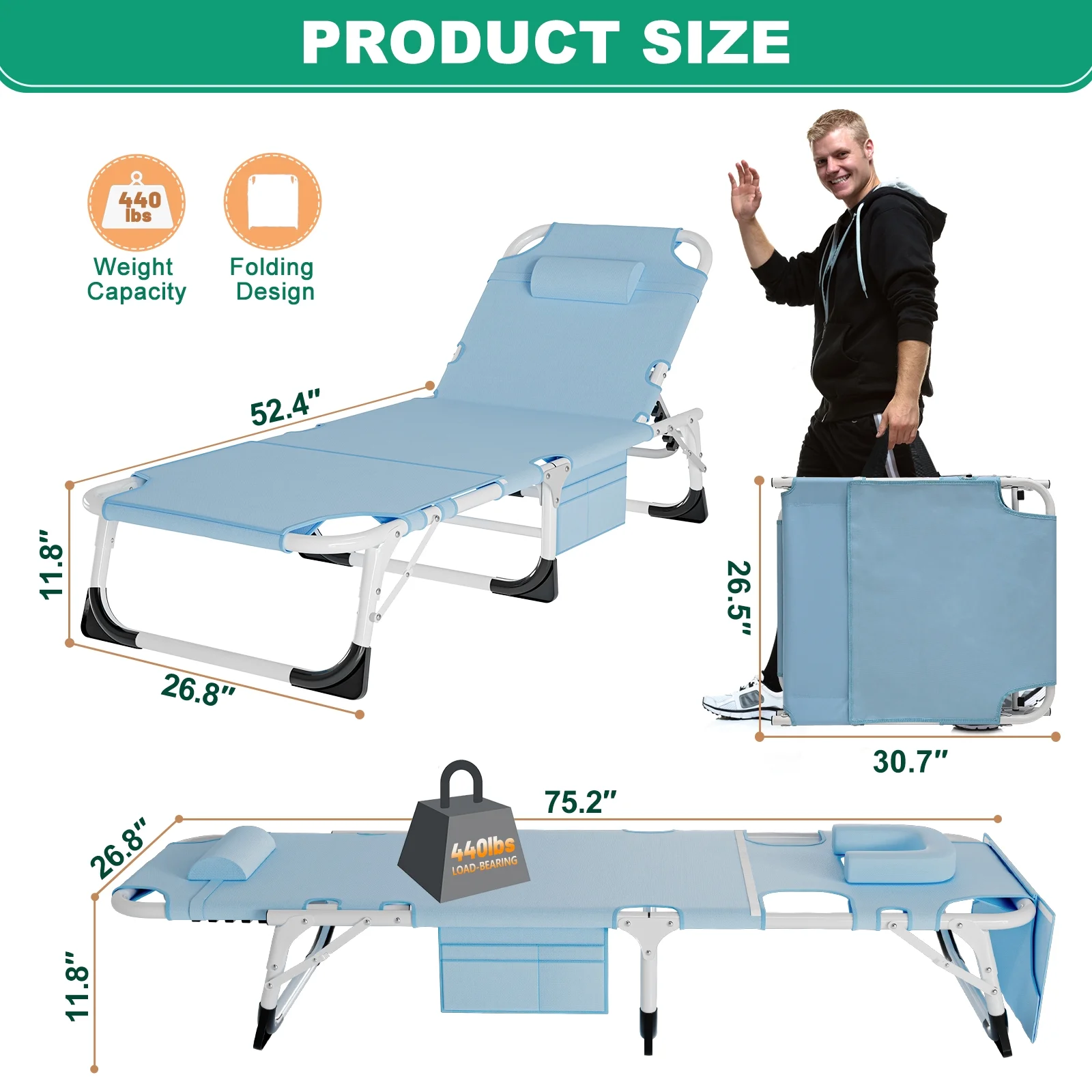 MOPHOTO Lounge Chair with Mattress, Outdoor Chaise Lounge Support 440 Lbs, Adjustable Portable Heavy Duty Sleeping Cots Bed for Camping, Pool, Beach, Patio - Image 48