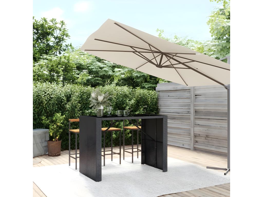 Prolenta Premium - Mesa alta bar ratán PE y superficie vidrio negro 145x80x110 cm