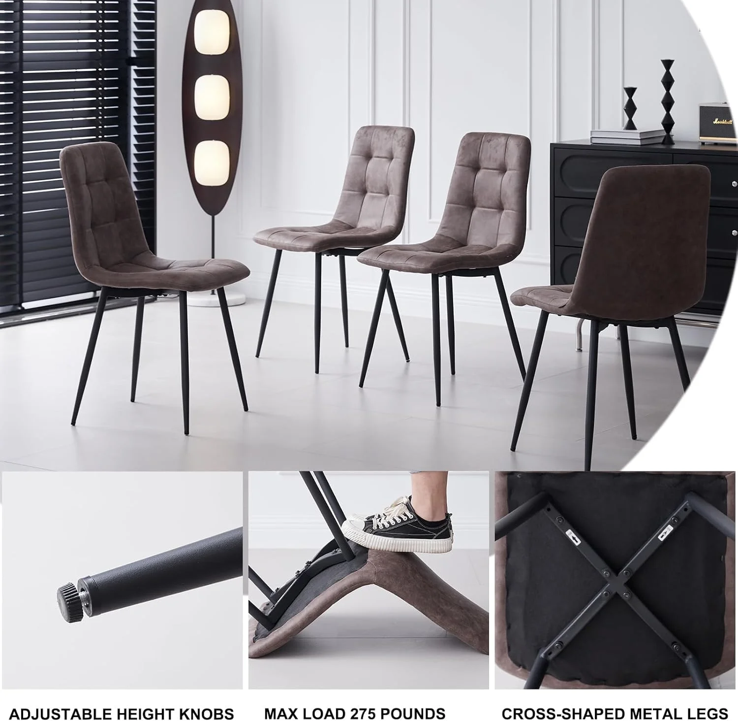 5 Piece Round Dining Table Set - Mid-Century 47 inch Oak Dining Table with 4 Brown Faux Leather Chairs Set, Dinner Table & Chair with Metal Legs for Kitchen Dining Room, Apartment, Bedroom - Image 8