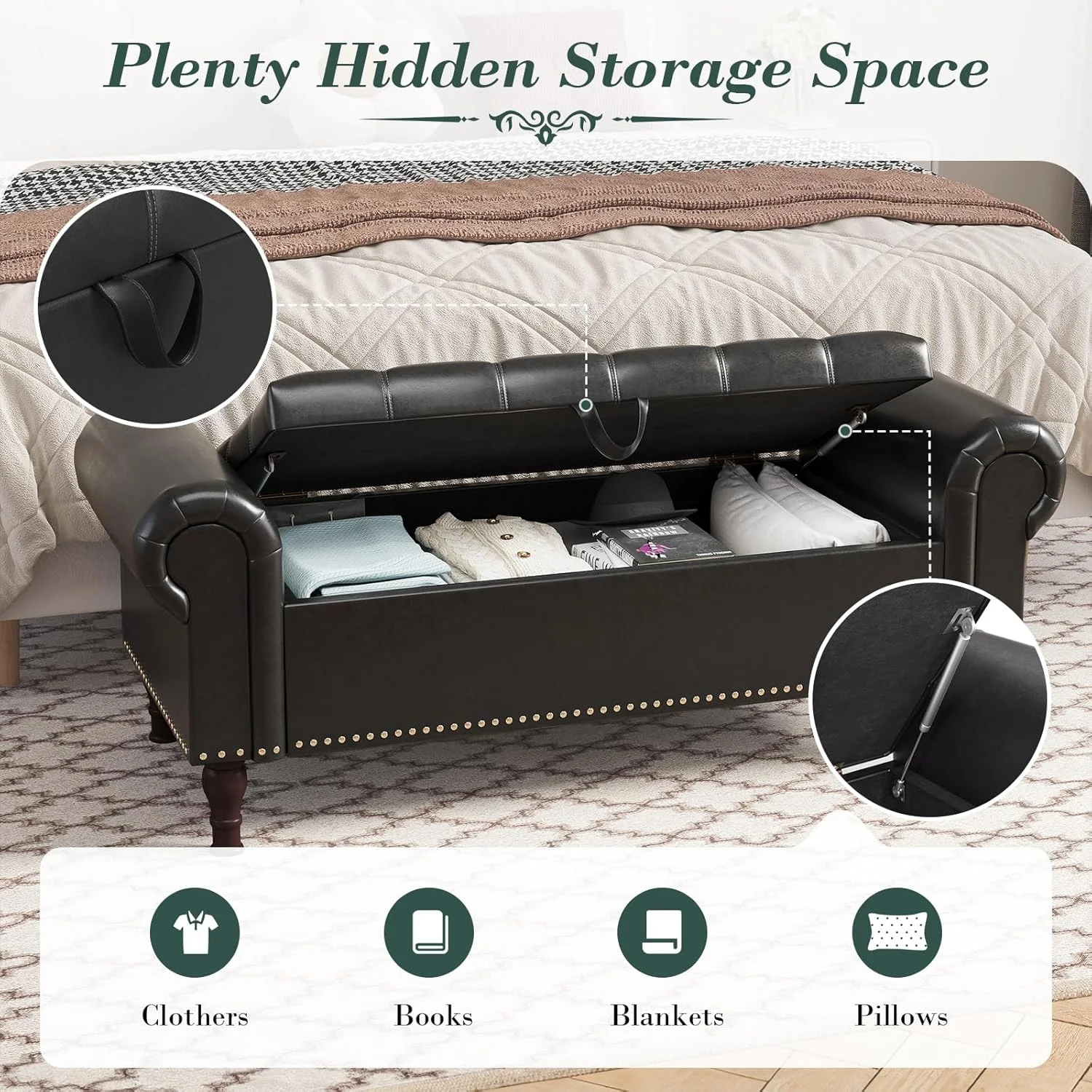 YOUDENOVA Storage Ottoman Bench for Bedroom 51" Queen Leather Storage Bench with Button, Upholstered Bedroom Bench with Rolled Arms for Living Room, Storage Room, Entryway, Gray - Image 24