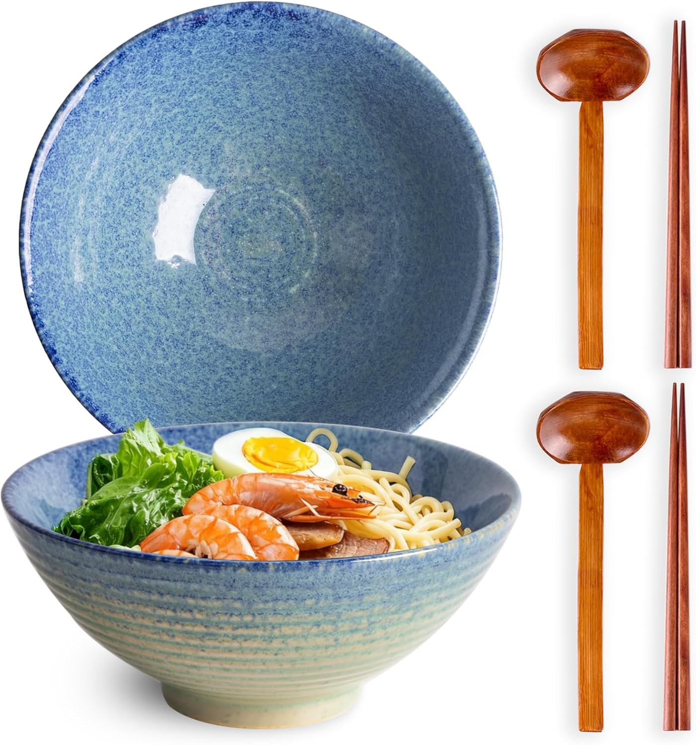 40oz Japanese Ceramic Ramen Bowl Set of 2 with Chopsticks and Spoons for Pho Udon Asian Soup Noodles (Jade Speck)
