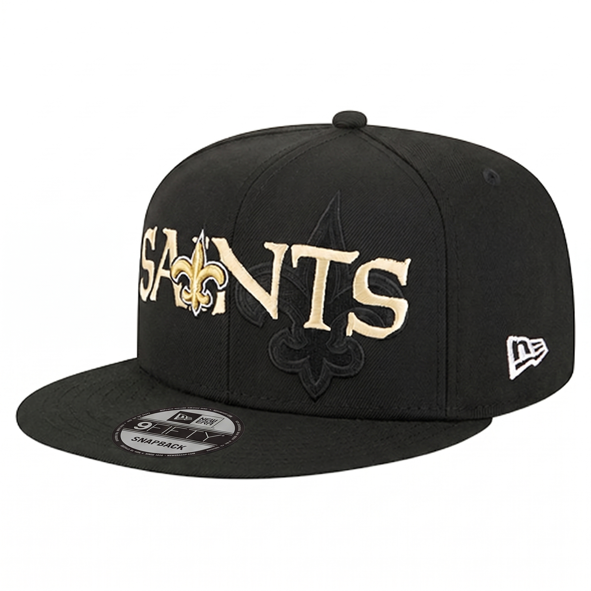 Angled right view of the black New Orleans Saints 9FIFTY Snapback Hat showcasing the overlapping front logo design and flat visor.