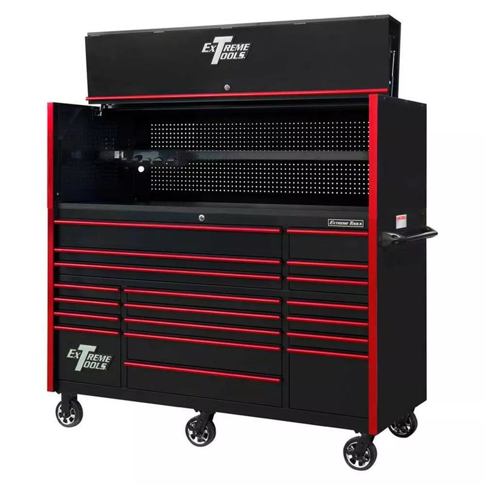 Extreme Tools 72" RX Series 19-Drawer 30" Deep Roller Cabinet w/Hutch - Black w/Red Drawer Pulls