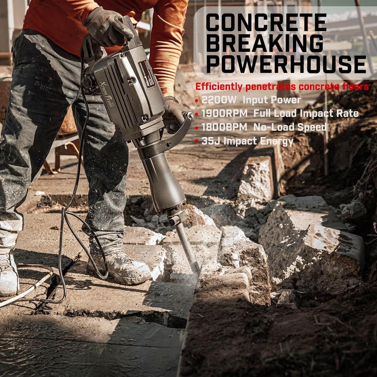 XtremepowerUS Demolition Jack Hammer Heavy Duty, 3600W Electric Jackhammer 1900BPM Power Drill Concrete Breaker Bar Point & Chisel Bits Chisel Set - Image 22