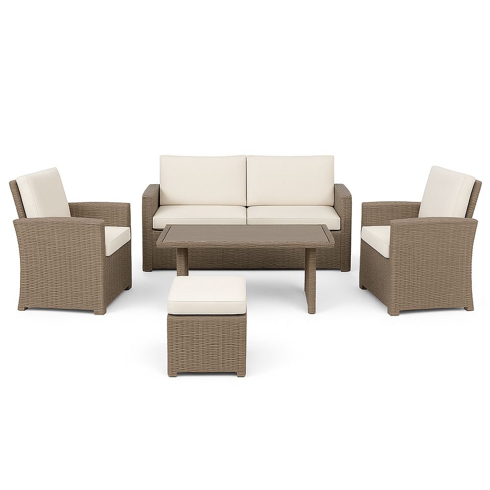 Conjunto de Muebles de Jardín de Ratán, Sofá de 3 Plazas, Sillas Abatibles, Mesa de Café y Taburete, Color Beige, A Prueba de Agua