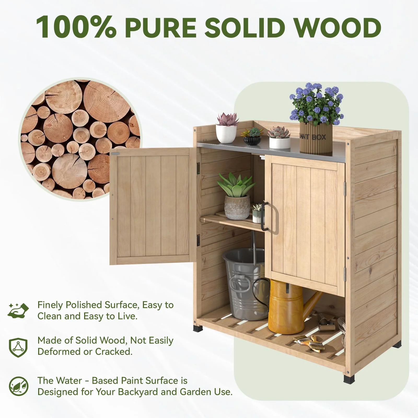 YODOLLA Potting Bench, Wooden Outdoor Storage Cabinet with Adjustable Shelf, Patio Storage with Metal Tabletop, Potting Table for Garden, Patio and Lawns, Gray - Image 18