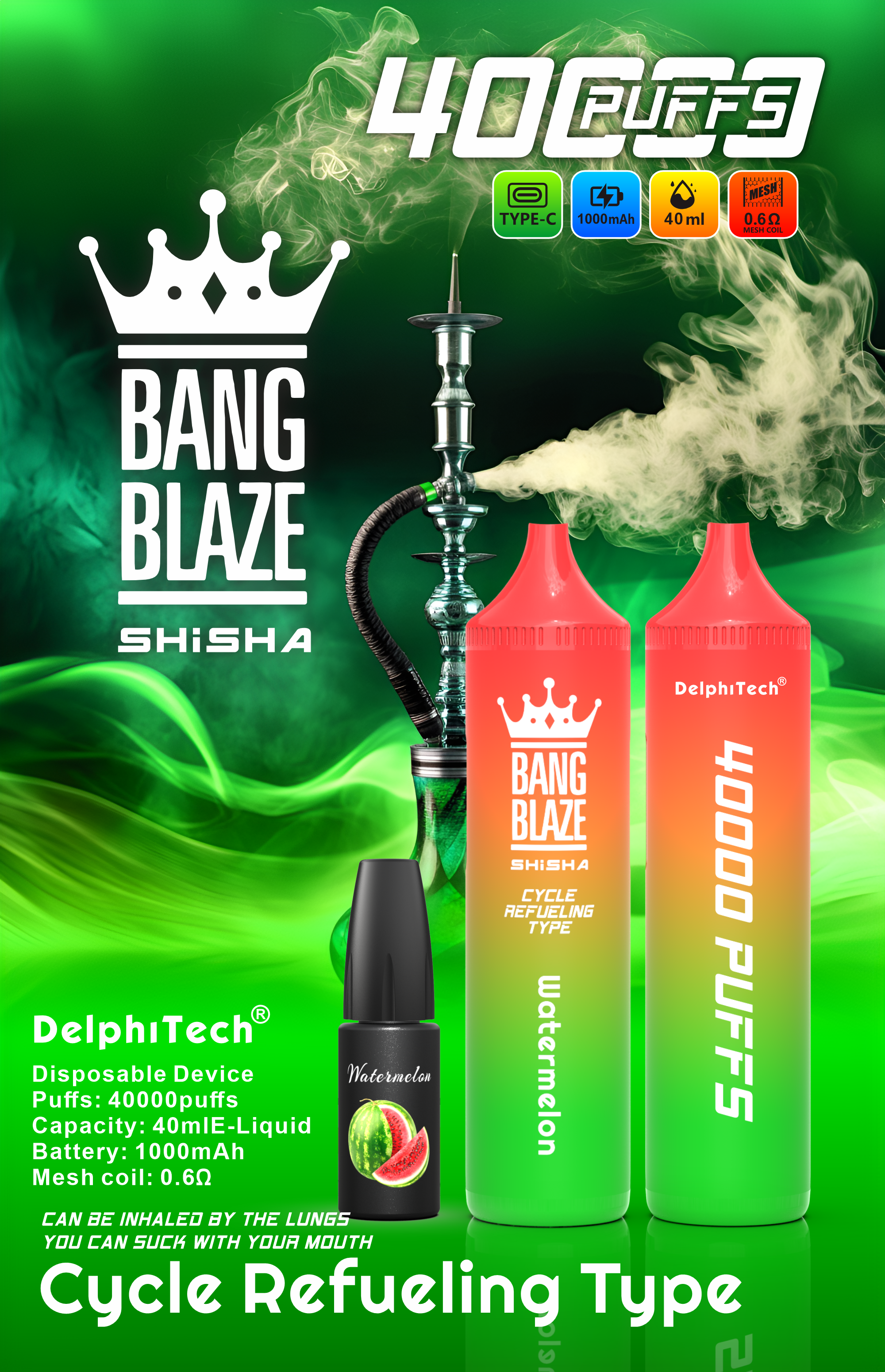 Bang Blaze 40000 Puffs Vape | 40ML Oil Capacity, 1000mAh Battery, Dual Coil, Type-C Rechargeable, 12 Flavors