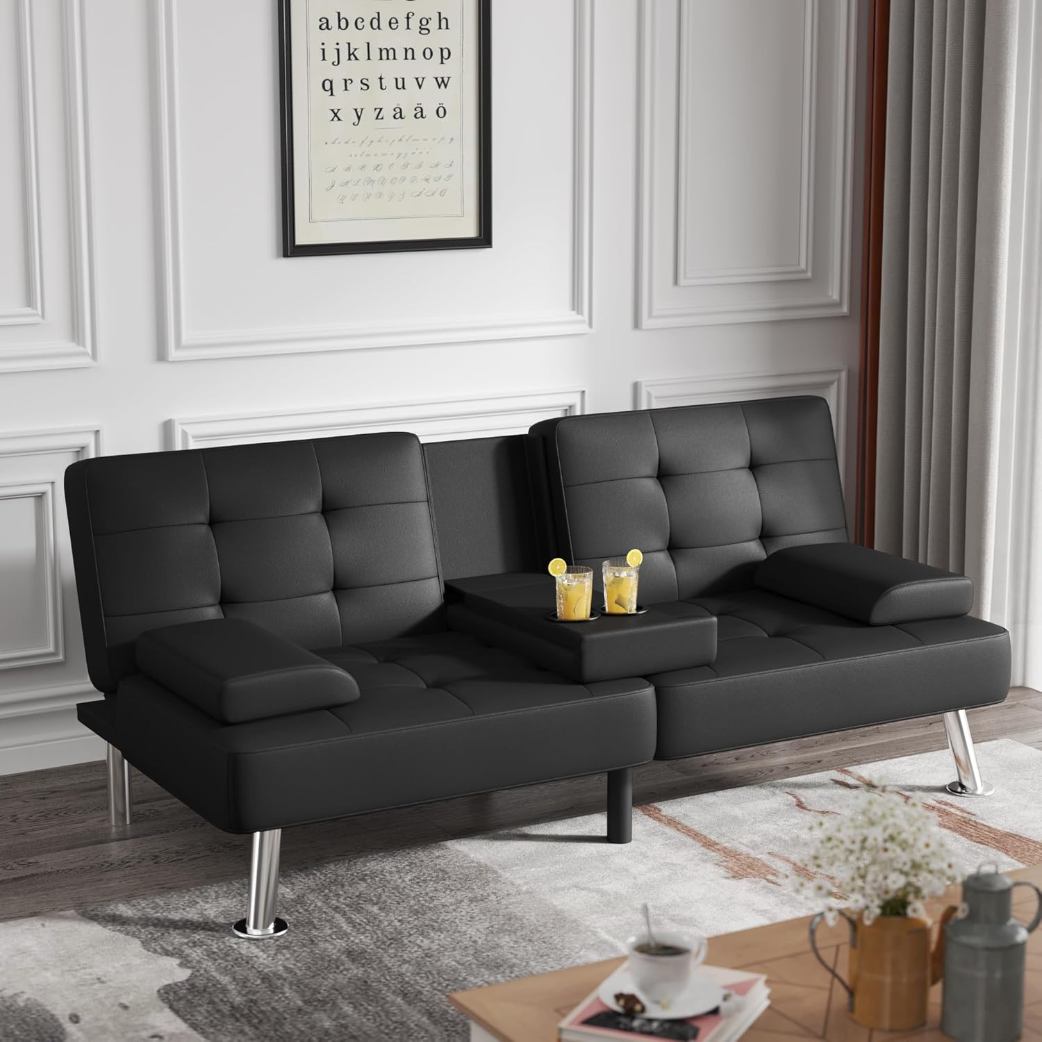 WAYFAIR Flamaker Futon Sofa Bed Modern Folding Futon Set Convertible Recliner Lounge For Living Room With 2 Cup Holders, Removable Armrests