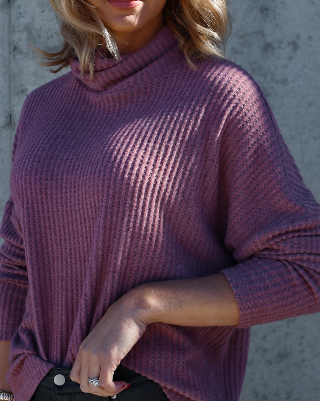 Braelynn Waffle Knit Turtleneck Long Sleeve Top - Rose - Se7enfashion