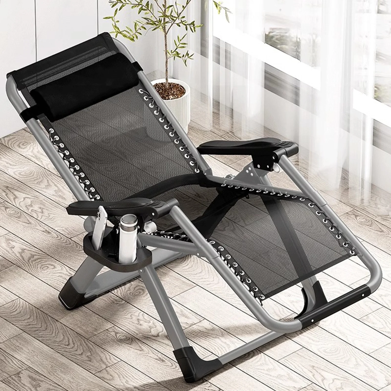 NAIZEA Outdoor Zero Gravity Chair Camping Recliner Lawn Recliner, Reclining Patio Lounger Chair, Folding Portable Chaise with Detachable Soft Cushion, Cup Holder, Headrest - Image 4