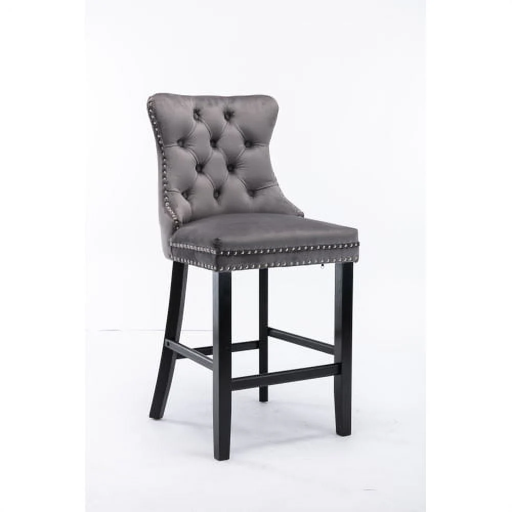 Velvet Bar Stools Set of 2, Upholstered Counter Height Bar Chair with Rivet and Button Trim, Bar Stool with Back and Footrest, for Dining Room, Kitchen, Pub, Gray - Image 10