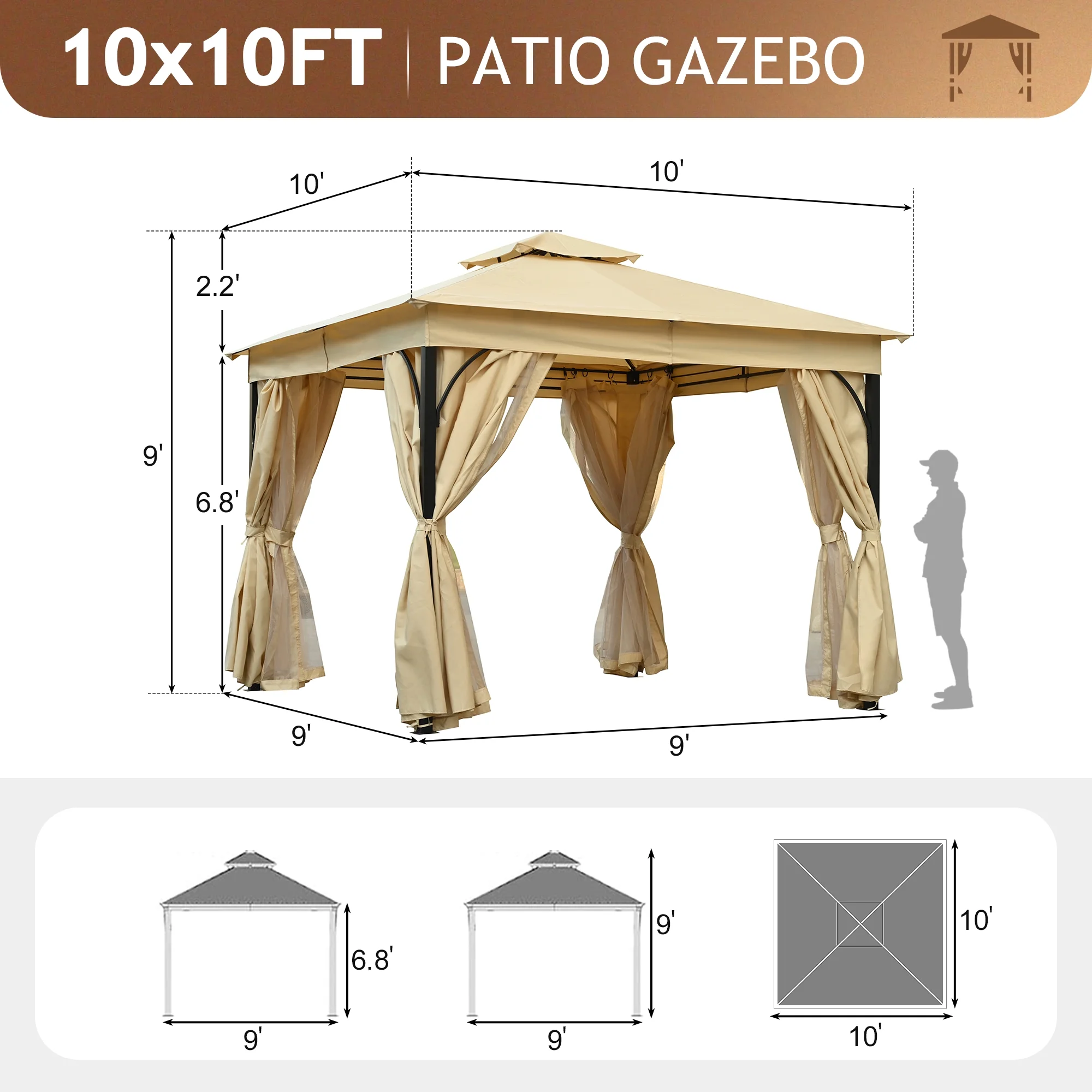 10'x10' Outdoor Gazebo,Patio Gazebo with Mosquito Netting and Privacy Screens for Backyard, Garden, Lawn and Deck,Grey - Image 10