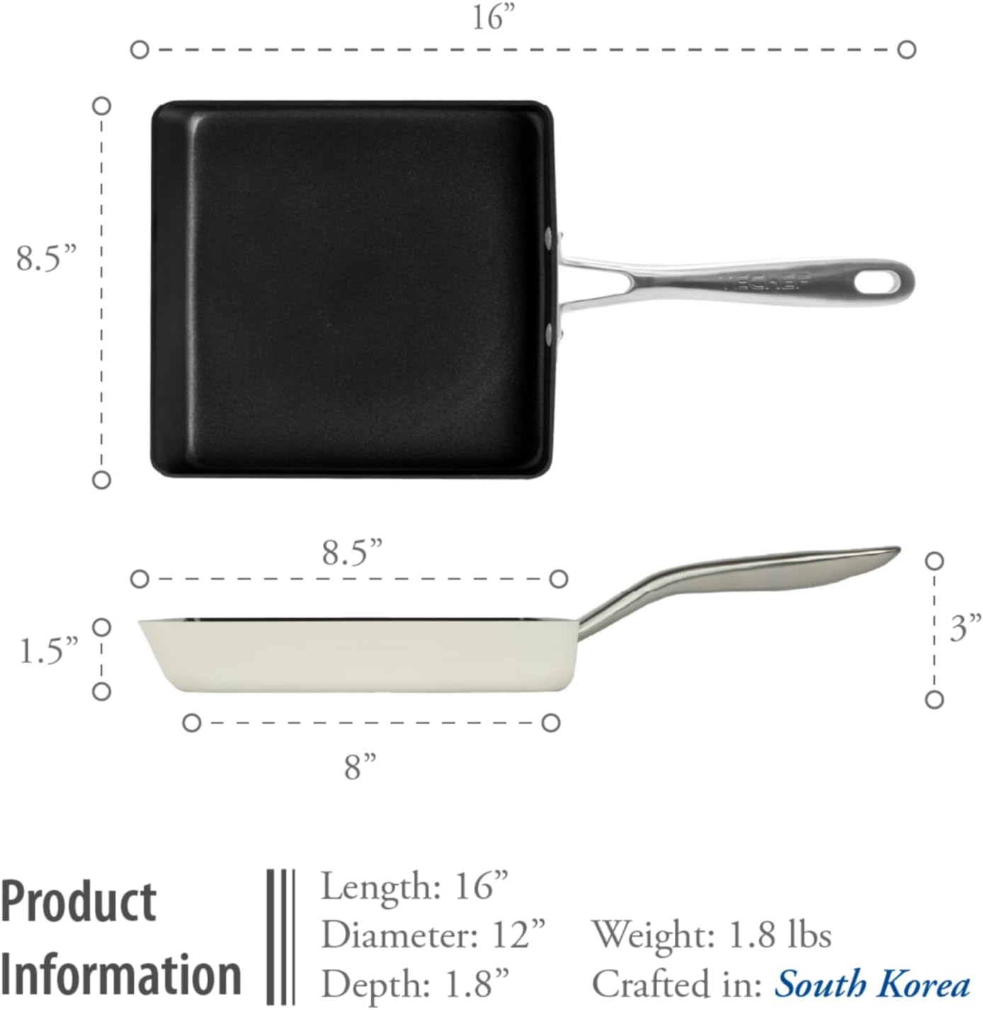 TeChef Collection | Ceramic Nonstick Egg Frying Pan, Nontoxic - Nontoxic - Free of PFAS, PFOA, PTFE, Made in Korea (Square Pan)