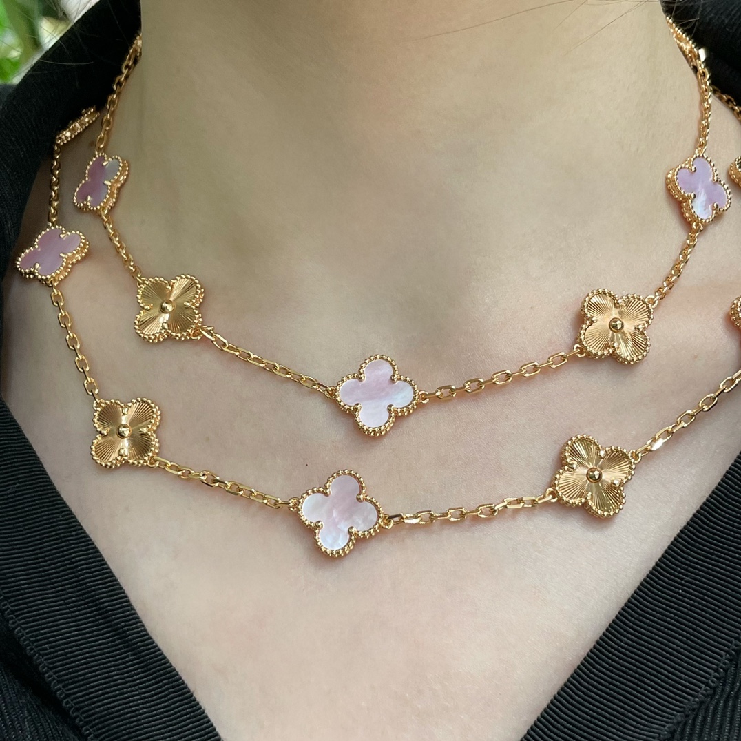 VCA Gold Mixed Pink Clover Vintage Alhambra Long Necklace, 20 Motifs - Original Replica Club