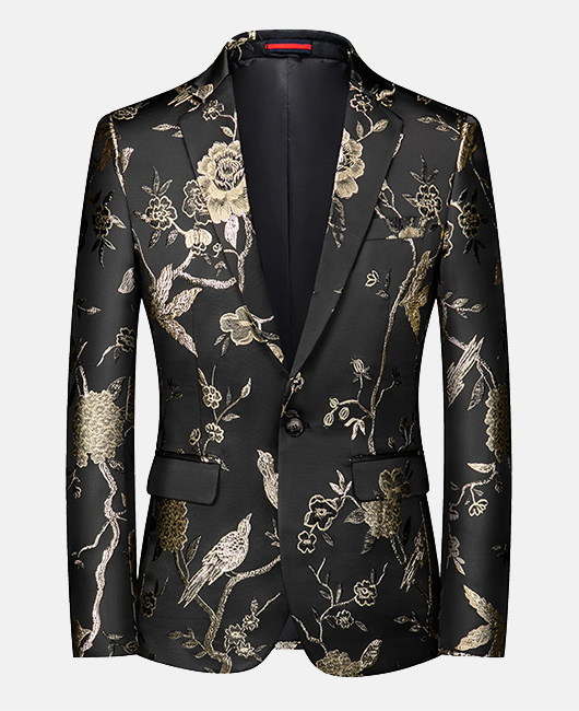 Fashion Floral Jacquard Notch Lapel One Button Slim Fit Blazer