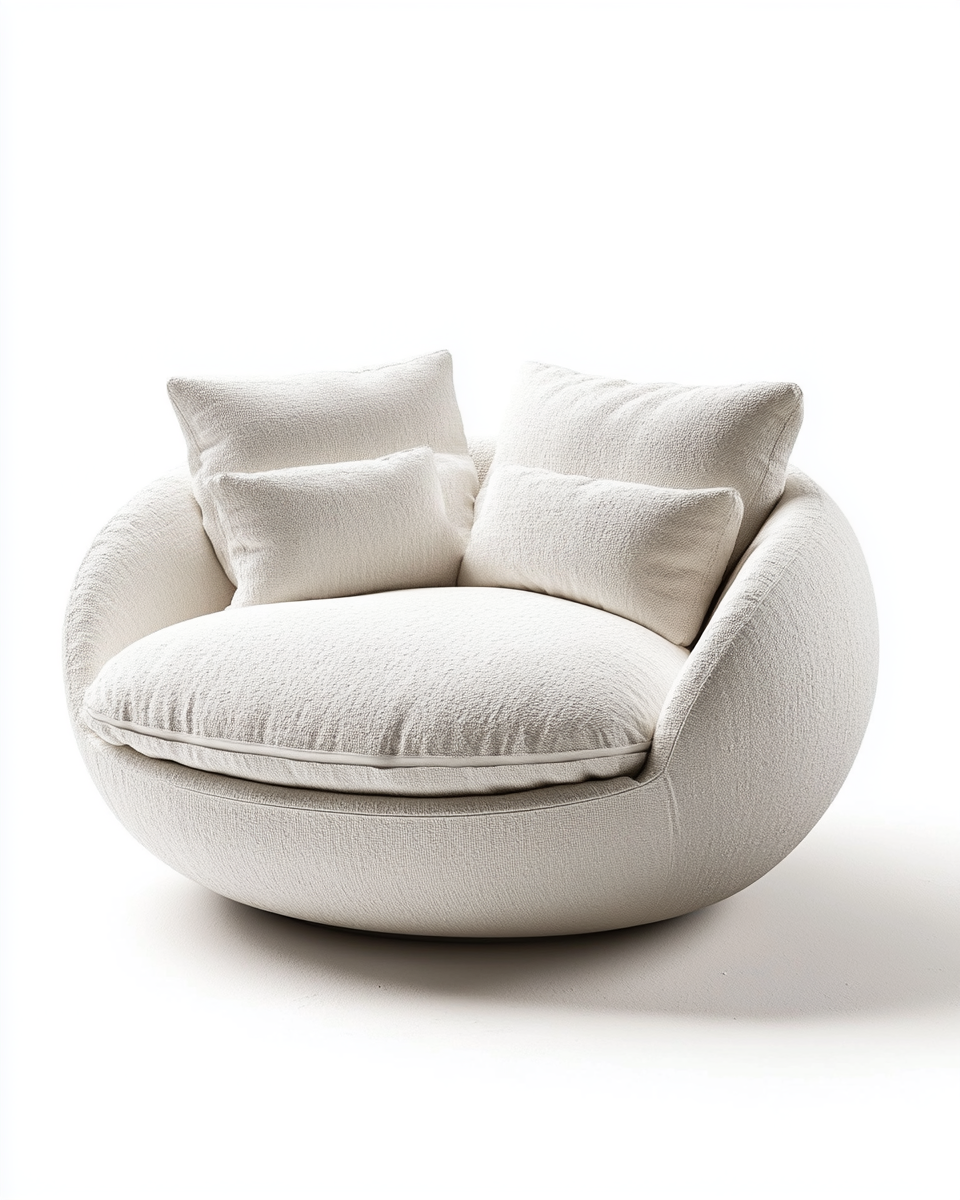 Sillón giratorio redondo grande – tapizado en lino blanco – con cojines – estilo contemporáneo para salón o rincón de lectura