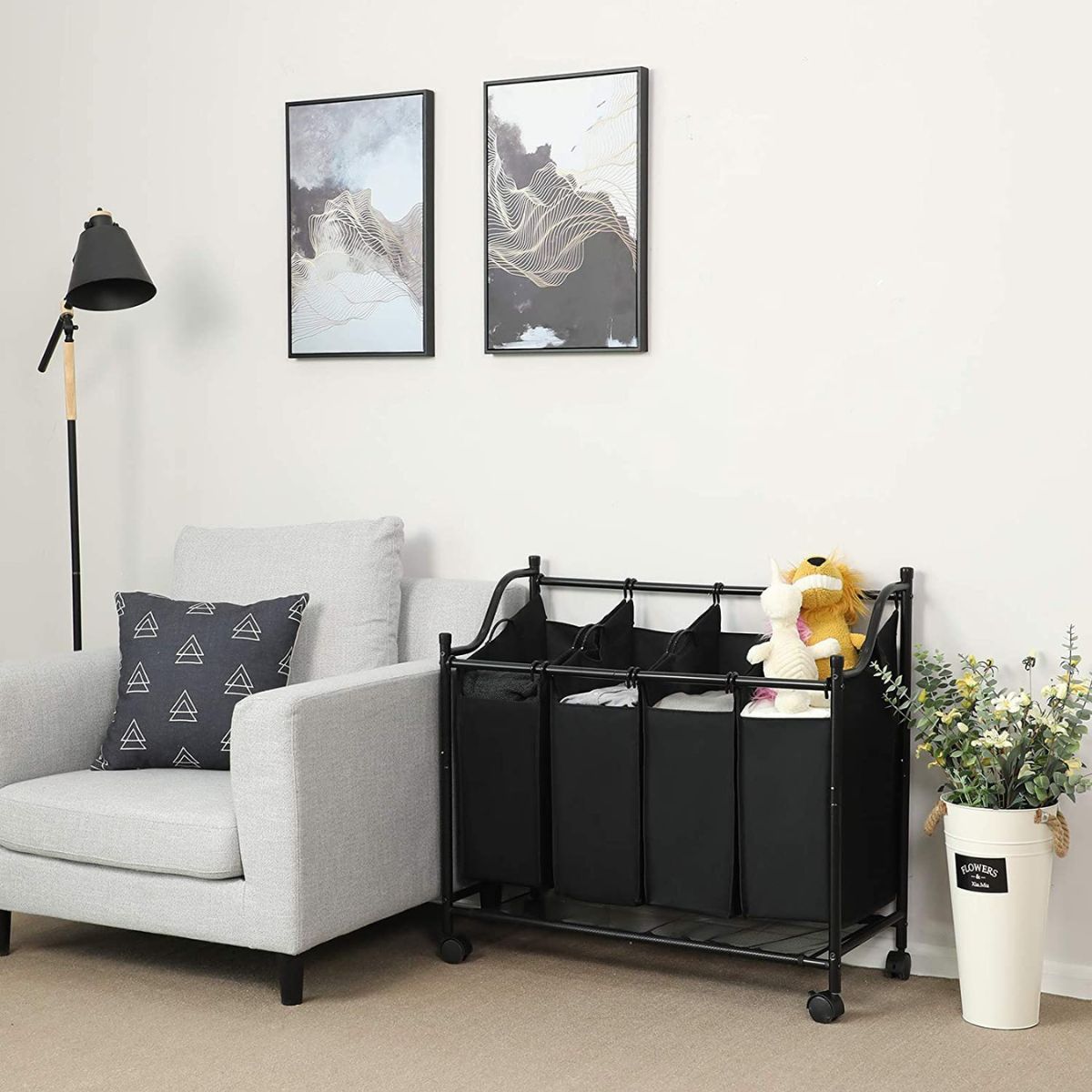 Hoppa!   Wasmand met 4 Vakken   140 L Zwart Opvouwbaar