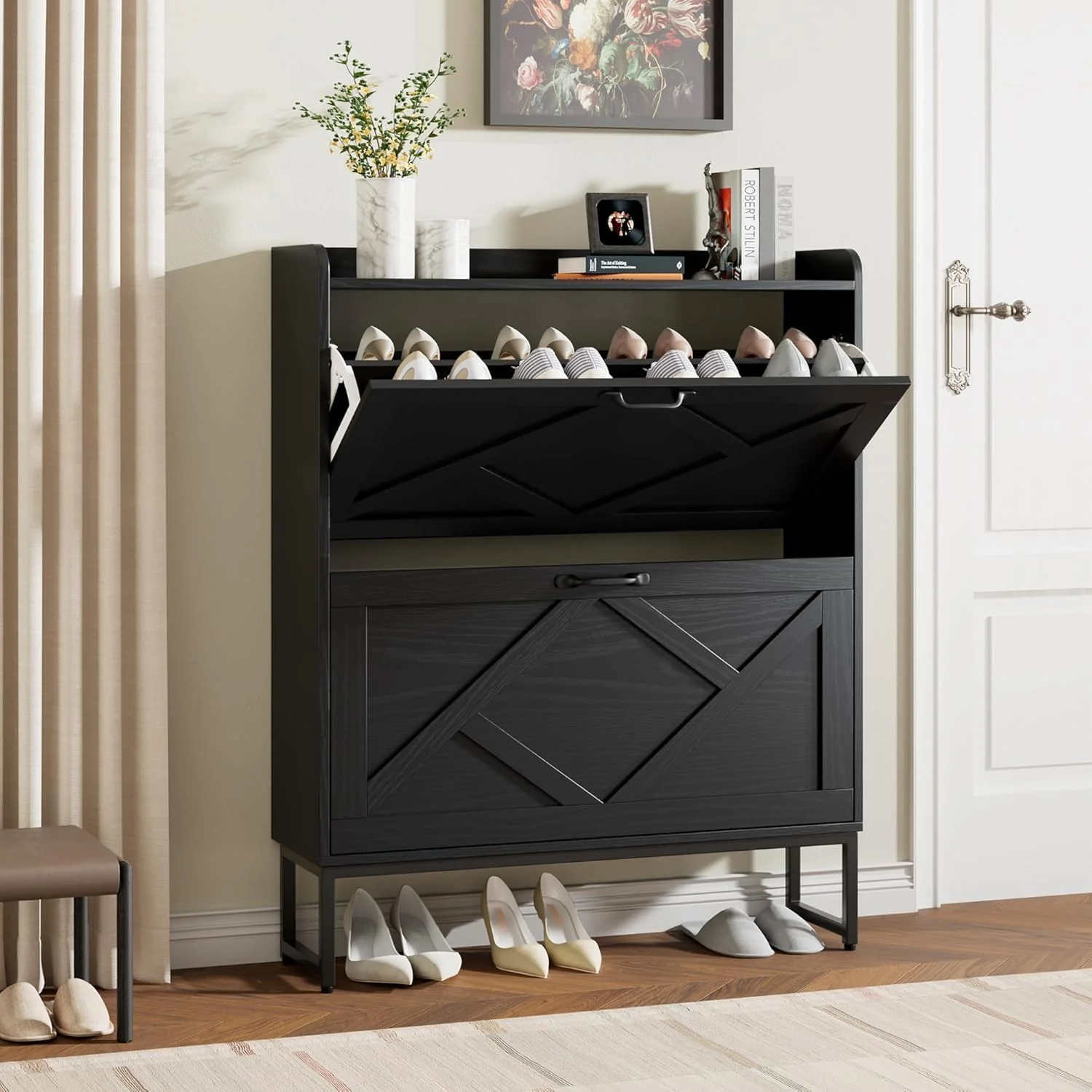 Nicetree Shoe Cabinet with 2 Flip Drawers Freestanding Shoe Storage Cabinet Narrow Shoe Cabinet