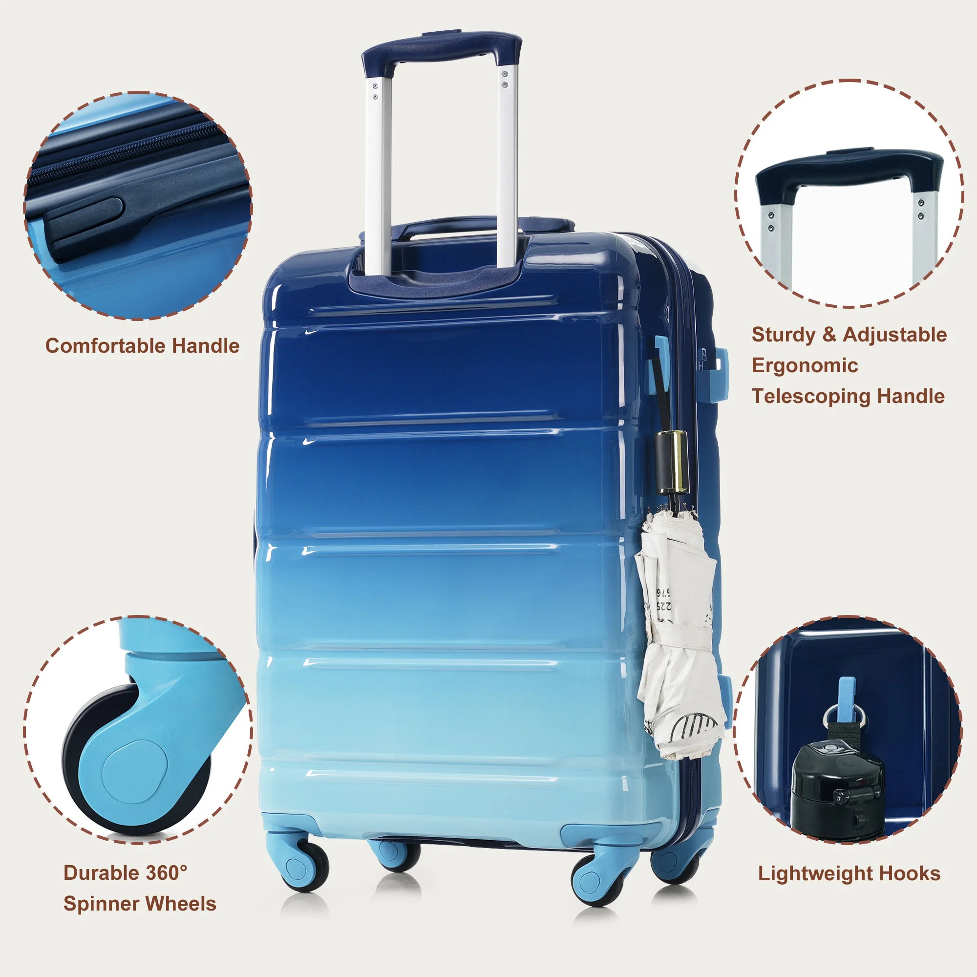PAPROOS 3-Piece Luggage Set (20''/24''/28''), Hardshell Lightweight Suitcase with USB Port and Side Hooks, Travel Luggage with TSA-Lock, Hardside Rolling Luggage for School, Travel, Pink - Image 27