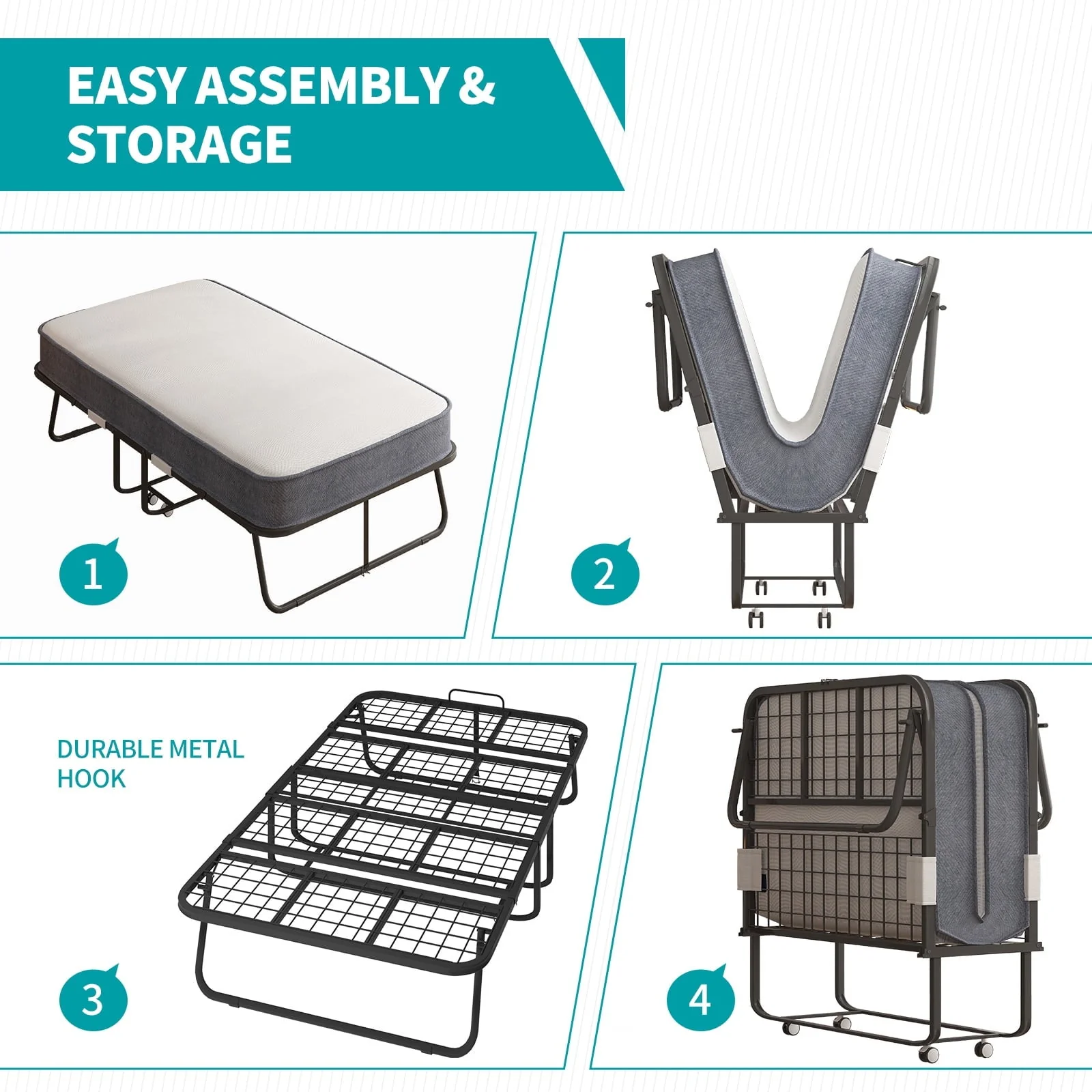 BALUS Folding Bed with Mattress for Adults, Foldable Bed with 4''Memory Foam Mattress, Portable Rollaway Guest Bed with Dustproof Bag & Baffle, Fold up Bed with Metal Frame Space Saving (Standard) - Image 5